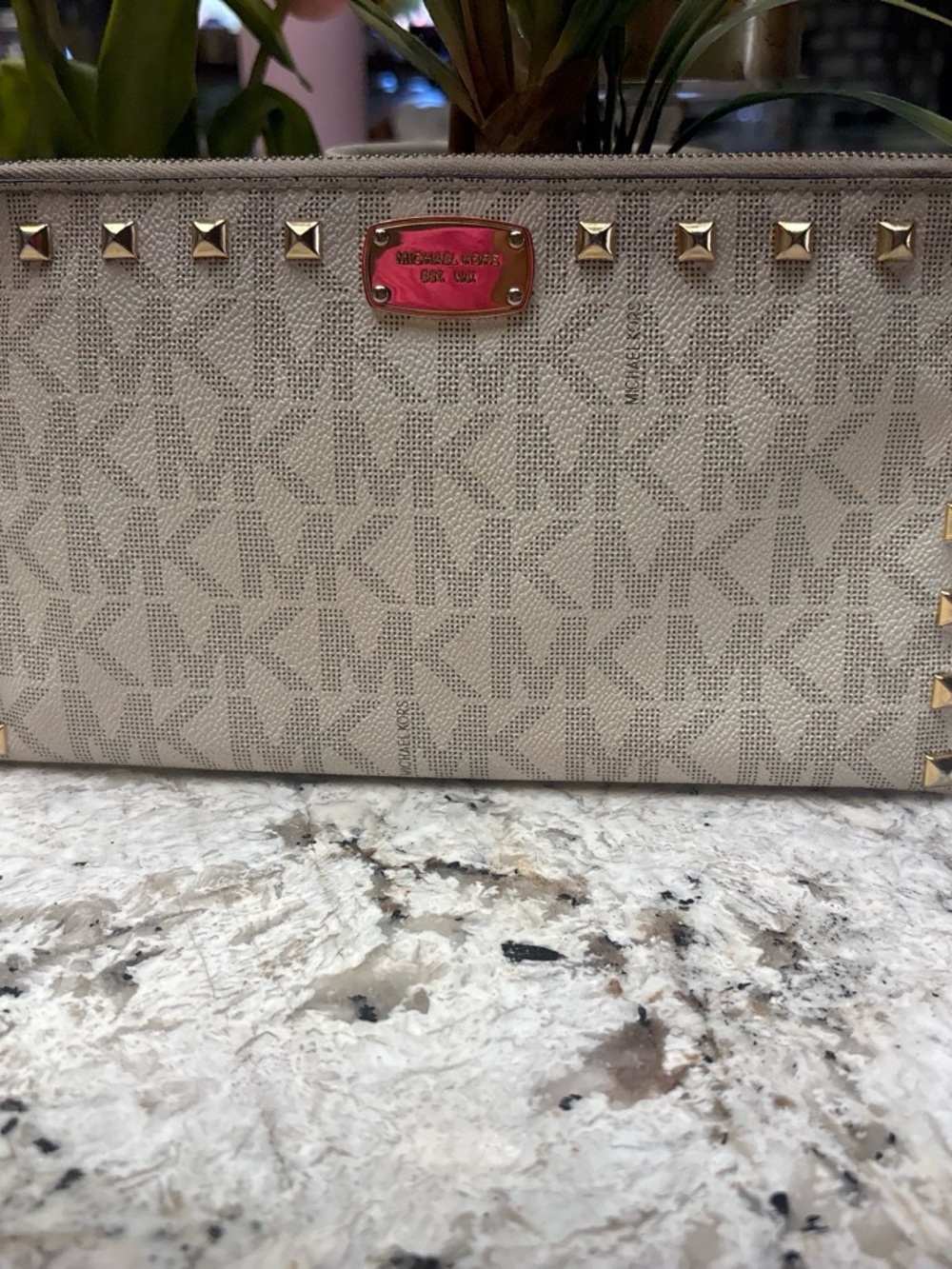 Michael Kors Beige Logo Wristlet with Gold Stud Accents